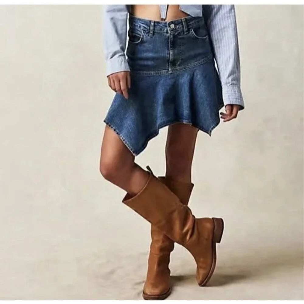 Free People We The Free Wild River Denim Handkerchief Asymmetrical Skirt Blue S